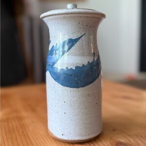 Handcrafted studio pottery with lid blue splash wave design
